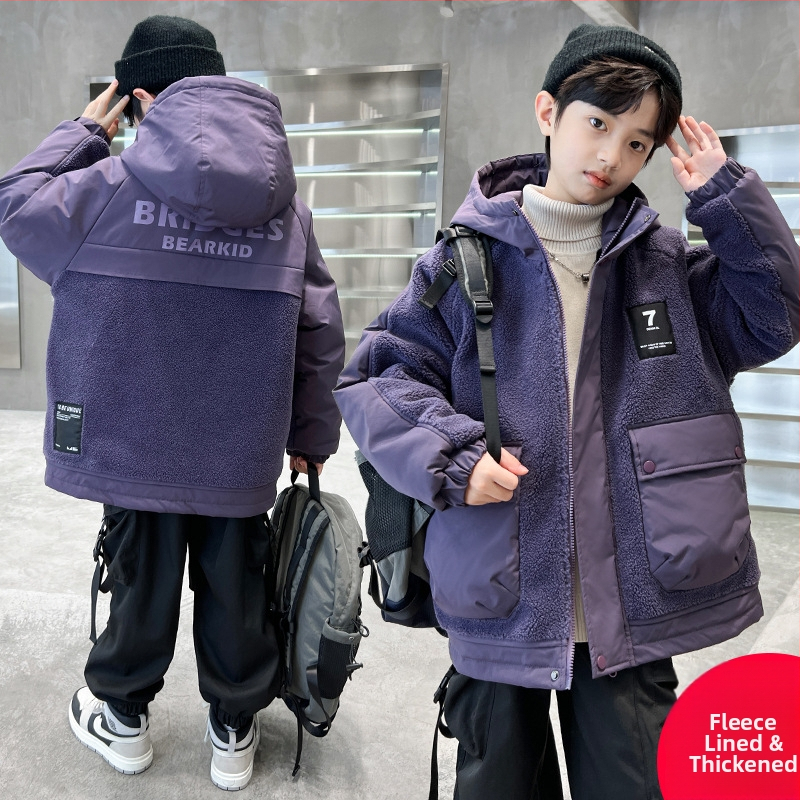 Dječja zimska jakna za dječake, vanjska tkanina od poliestera, podstava od poliestera, kapuljača, zatvarač, debeli materijal