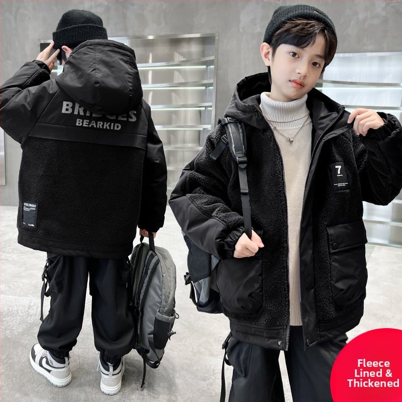 Dječja zimska jakna za dječake, vanjska tkanina od poliestera, podstava od poliestera, kapuljača, zatvarač, debeli materijal