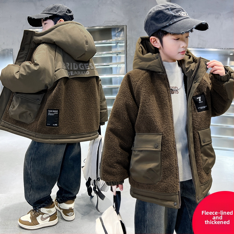 Dječja zimska jakna za dječake, vanjska tkanina od poliestera, podstava od poliestera, kapuljača, zatvarač, debeli materijal