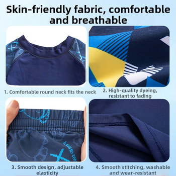 Haitiya γρήγορα στεγνωτικά μαγιό για αγόρια, δύο τεμάχια; 88% πολυεστέρας + 12% σπάντεξ; επένδυση 95% πολυεστέρας + 5% σπάντεξ; μοτίβο Korean style; ηλικία 3–16