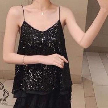 Moteriška be rankovių cami su V formos iškirpte ir blizgučiais, labai trumpas topas, poliesteris 90–95%, pavasaris 2022