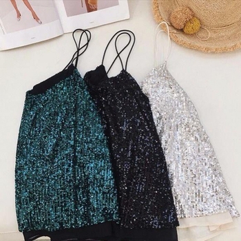 Moteriška be rankovių cami su V formos iškirpte ir blizgučiais, labai trumpas topas, poliesteris 90–95%, pavasaris 2022