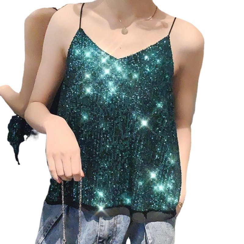 Moteriška be rankovių cami su V formos iškirpte ir blizgučiais, labai trumpas topas, poliesteris 90–95%, pavasaris 2022