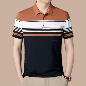 Vyrų polo marškiniai trumpomis rankovėmis, laisvas kirpimas, dryžuotas raštas, medvilnės mišinio audinys