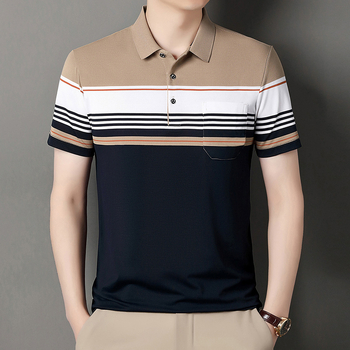 Vyrų polo marškiniai trumpomis rankovėmis, laisvas kirpimas, dryžuotas raštas, medvilnės mišinio audinys