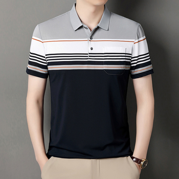 Vyrų polo marškiniai trumpomis rankovėmis, laisvas kirpimas, dryžuotas raštas, medvilnės mišinio audinys