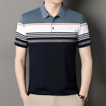 Vyrų polo marškiniai trumpomis rankovėmis, laisvas kirpimas, dryžuotas raštas, medvilnės mišinio audinys