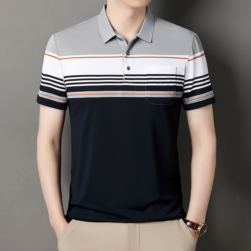 Vyrų polo marškiniai trumpomis rankovėmis, laisvas kirpimas, dryžuotas raštas, medvilnės mišinio audinys