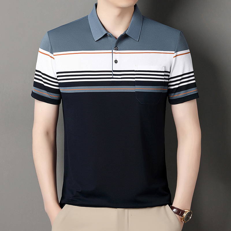 Vyrų polo marškiniai trumpomis rankovėmis, laisvas kirpimas, dryžuotas raštas, medvilnės mišinio audinys