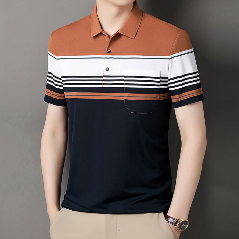 Vyrų polo marškiniai trumpomis rankovėmis, laisvas kirpimas, dryžuotas raštas, medvilnės mišinio audinys