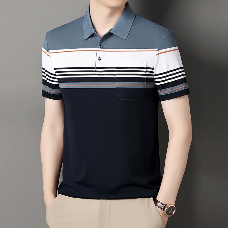 Vyrų polo marškiniai trumpomis rankovėmis, laisvas kirpimas, dryžuotas raštas, medvilnės mišinio audinys