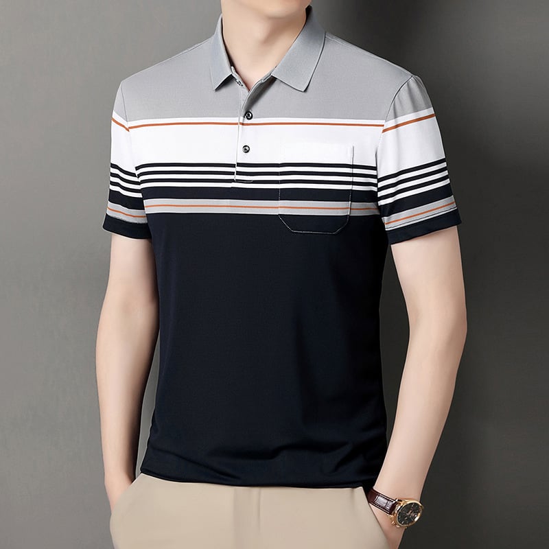 Vyrų polo marškiniai trumpomis rankovėmis, laisvas kirpimas, dryžuotas raštas, medvilnės mišinio audinys