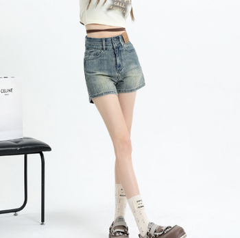 Дънкови къси панталони с висока талия за жени, еластични, памук 80-90%, лято 2025