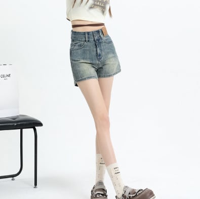 Дънкови къси панталони с висока талия за жени, еластични, памук 80-90%, лято 2025