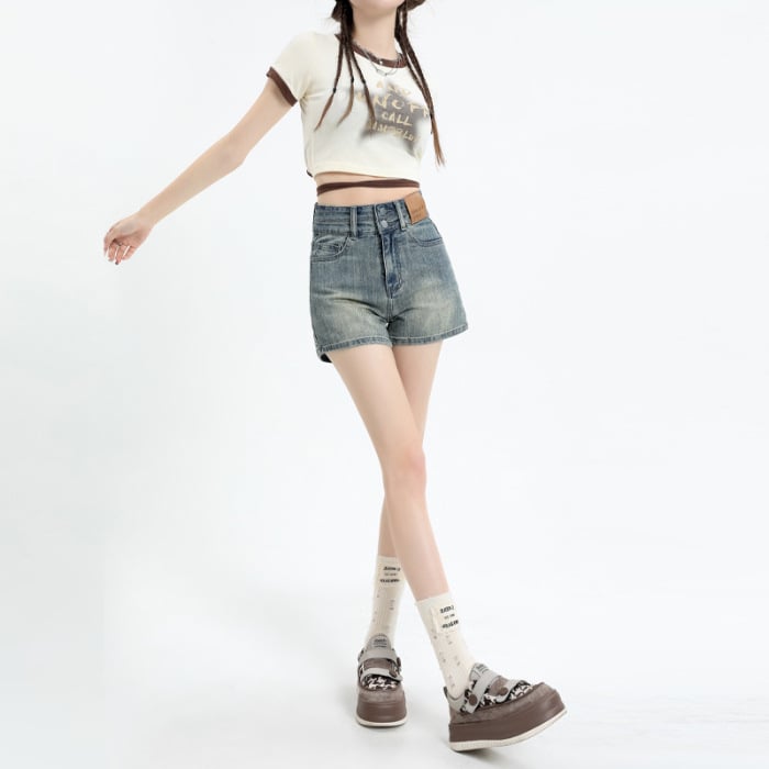 Дънкови къси панталони с висока талия за жени, еластични, памук 80-90%, лято 2025