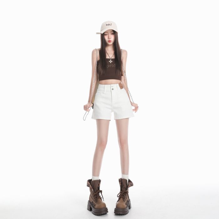 Дънкови къси панталони с висока талия за жени, еластични, памук 80-90%, лято 2025