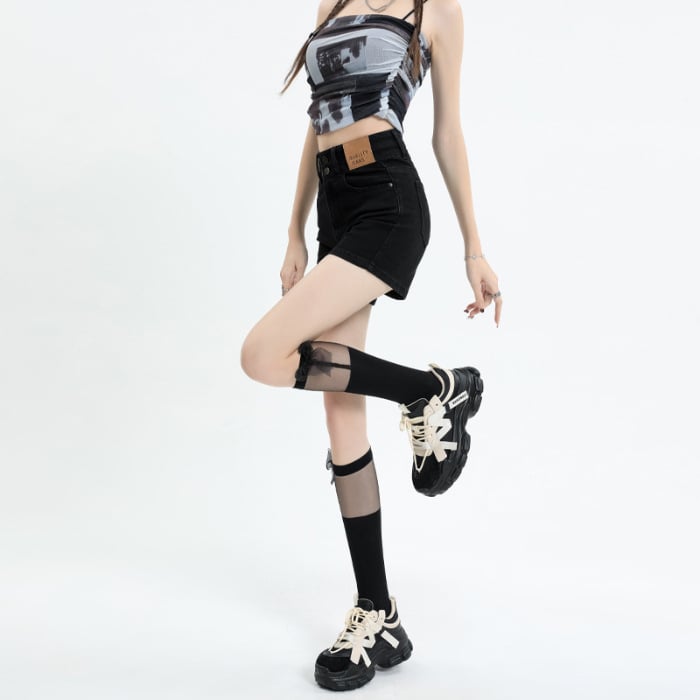 Дънкови къси панталони с висока талия за жени, еластични, памук 80-90%, лято 2025