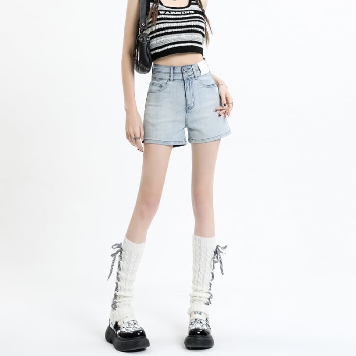 Дънкови къси панталони с висока талия за жени, еластични, памук 80-90%, лято 2025