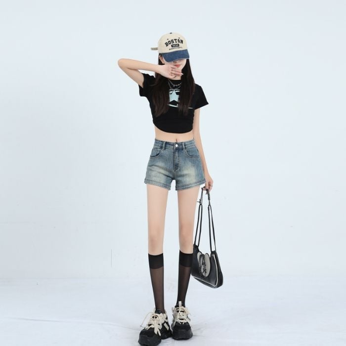 Дънкови къси панталони с висока талия за жени, еластични, памук 80-90%, лято 2025