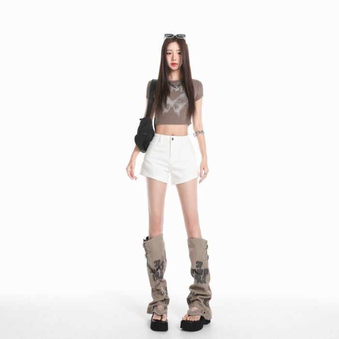 Дънкови къси панталони с висока талия за жени, еластични, памук 80-90%, лято 2025