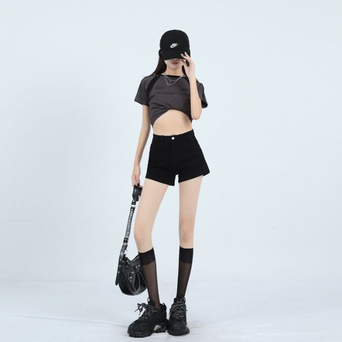 Дънкови къси панталони с висока талия за жени, еластични, памук 80-90%, лято 2025