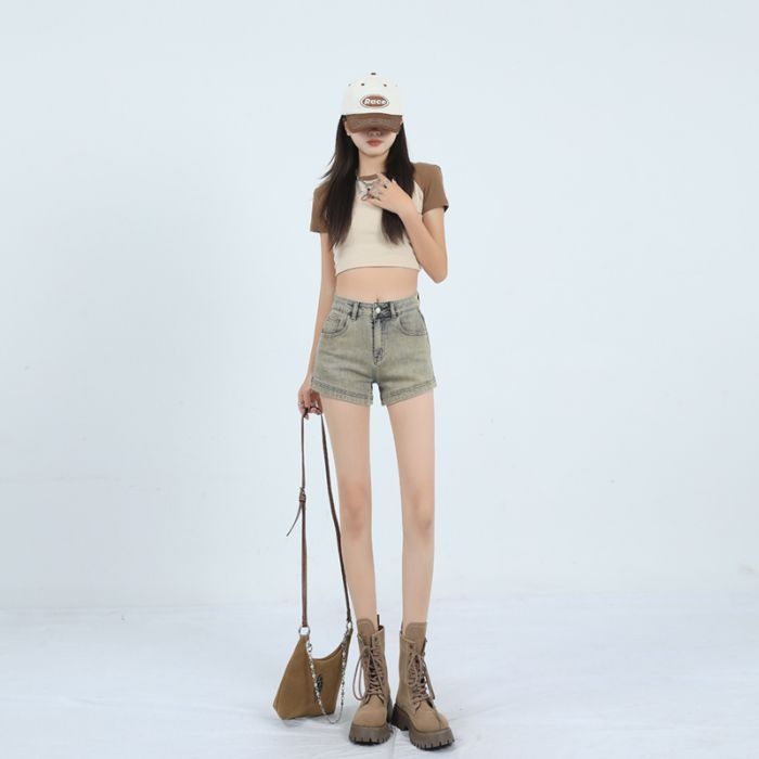 Дънкови къси панталони с висока талия за жени, еластични, памук 80-90%, лято 2025