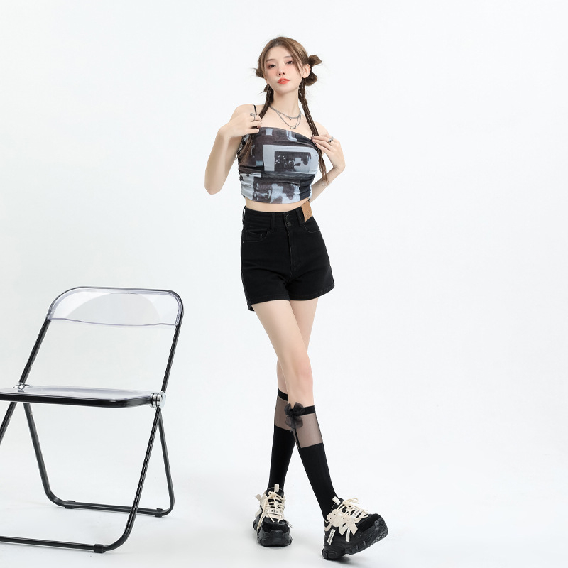 Дънкови къси панталони с висока талия за жени, еластични, памук 80-90%, лято 2025