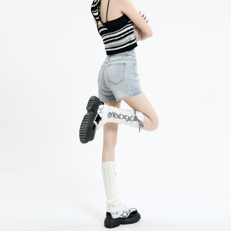 Дънкови къси панталони с висока талия за жени, еластични, памук 80-90%, лято 2025