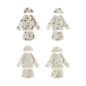 Beilixing δύο τεμάχια μαγιό για αγόρια με μακρύ μανίκι, UV προστασία, γρήγορο στέγνωμα, πολυεστέρας, υψηλή ελαστικότητα, κορεατικό μοτίβο με λουλούδια