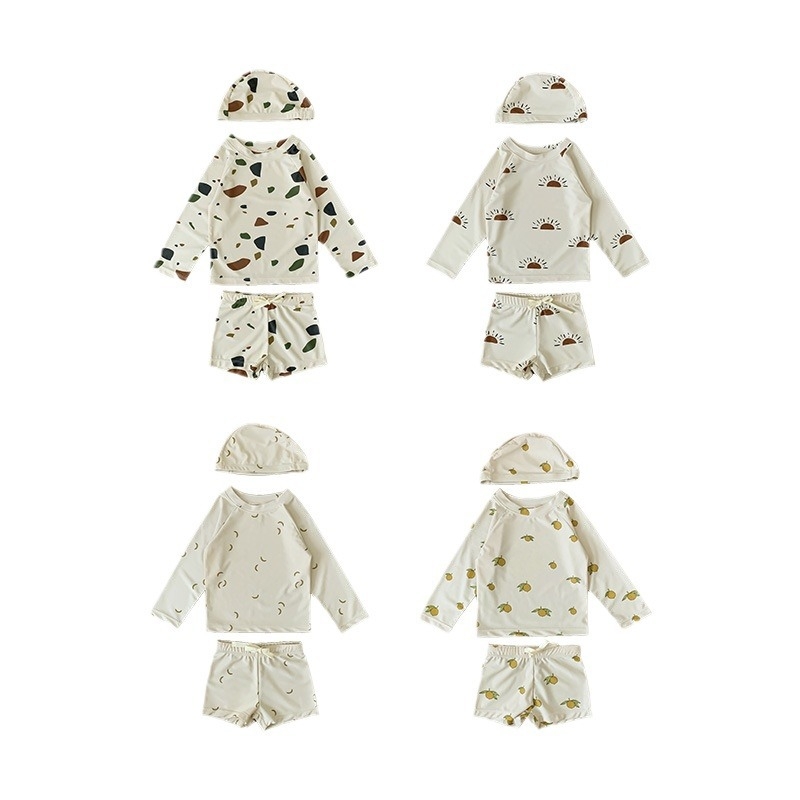 Beilixing двукомпонентен бански за момчета с дълъг ръкав, UV защита, бързосъхнещ, полиестерна материя, висока еластичност, корейски стил с флорални мотиви