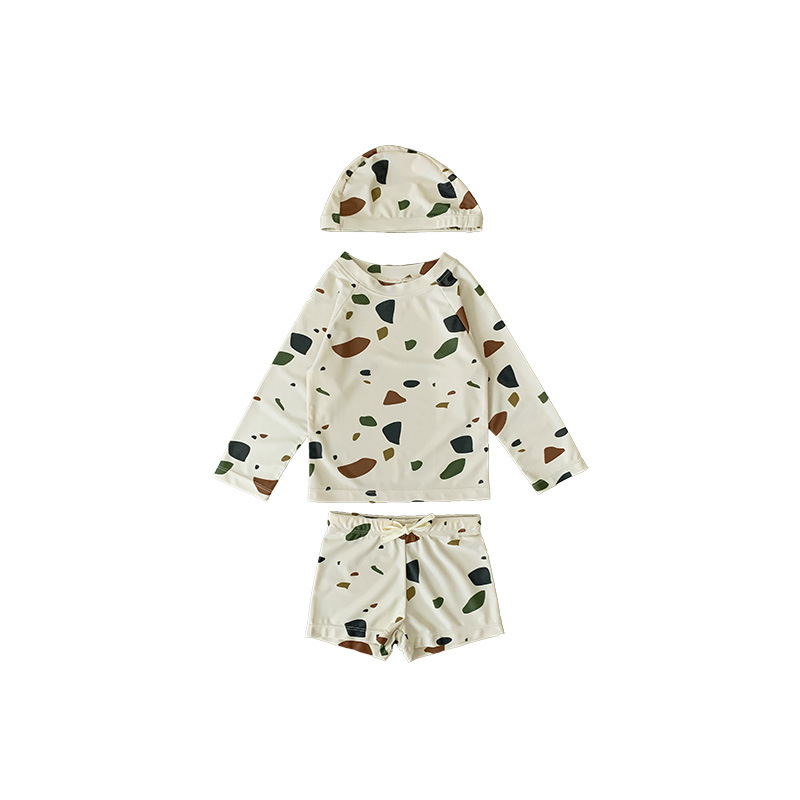 Beilixing двукомпонентен бански за момчета с дълъг ръкав, UV защита, бързосъхнещ, полиестерна материя, висока еластичност, корейски стил с флорални мотиви