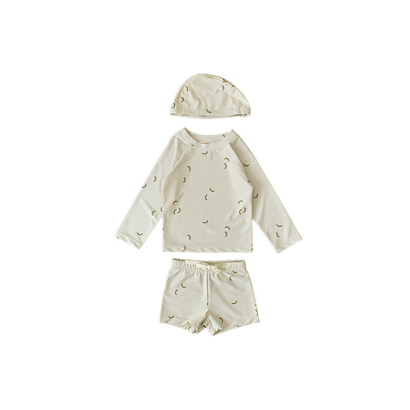 Beilixing двукомпонентен бански за момчета с дълъг ръкав, UV защита, бързосъхнещ, полиестерна материя, висока еластичност, корейски стил с флорални мотиви