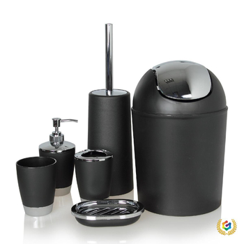 Plastikų šešių dalių vonios komplektas su dantų šepetėlių laikikliu, losijono buteliu, muilo dozatoriumi, šiukšlių dėžute, tualeto šepetėliu; logotipo spauda; neimportuotas