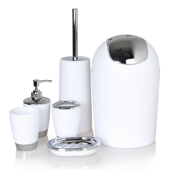 Plastikų šešių dalių vonios komplektas su dantų šepetėlių laikikliu, losijono buteliu, muilo dozatoriumi, šiukšlių dėžute, tualeto šepetėliu; logotipo spauda; neimportuotas