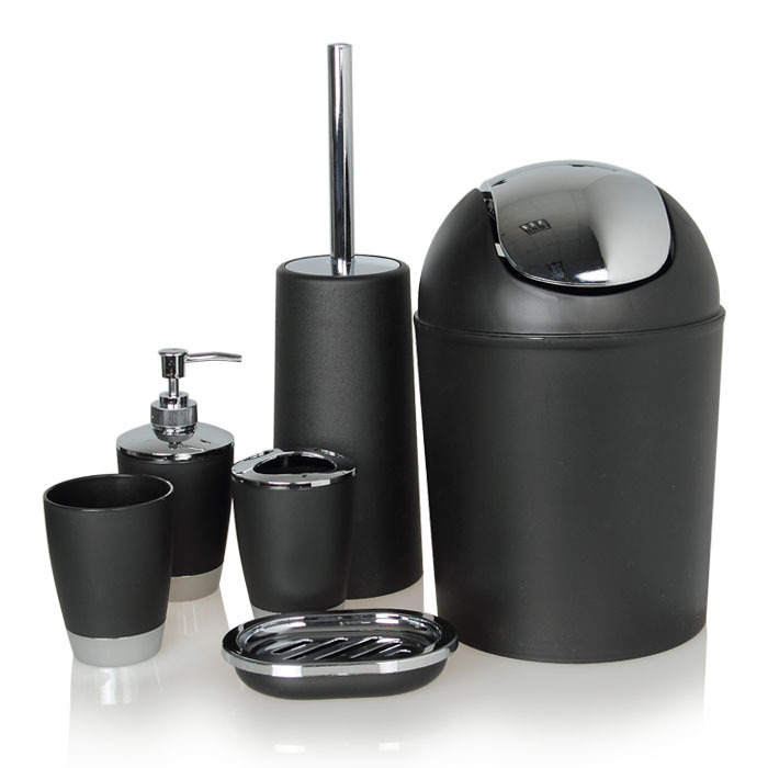 Plastikų šešių dalių vonios komplektas su dantų šepetėlių laikikliu, losijono buteliu, muilo dozatoriumi, šiukšlių dėžute, tualeto šepetėliu; logotipo spauda; neimportuotas