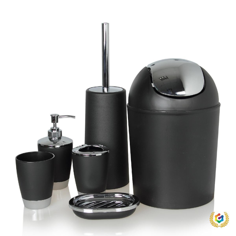 Plastikų šešių dalių vonios komplektas su dantų šepetėlių laikikliu, losijono buteliu, muilo dozatoriumi, šiukšlių dėžute, tualeto šepetėliu; logotipo spauda; neimportuotas