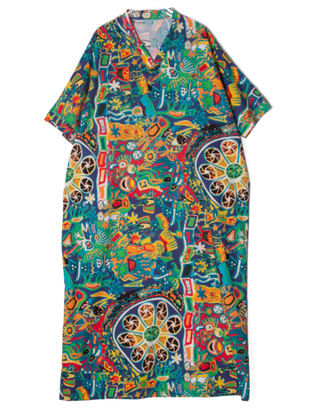 Φόρεμα - εθνο-λογοτεχνικό ρετρό στυλ, V-λαιμόκοψη, μανίκια 3/4, μακρύ φόρεμα, φαρδιά μέση, ύφασμα από βαμβάκι-λινό