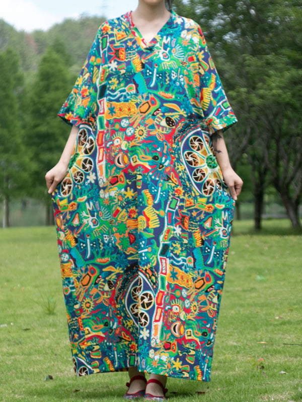 Rochie - stil etnic literar retro, decolteu în V, mâneci 3/4, rochie lungă, talie lejeră, din bumbac și in