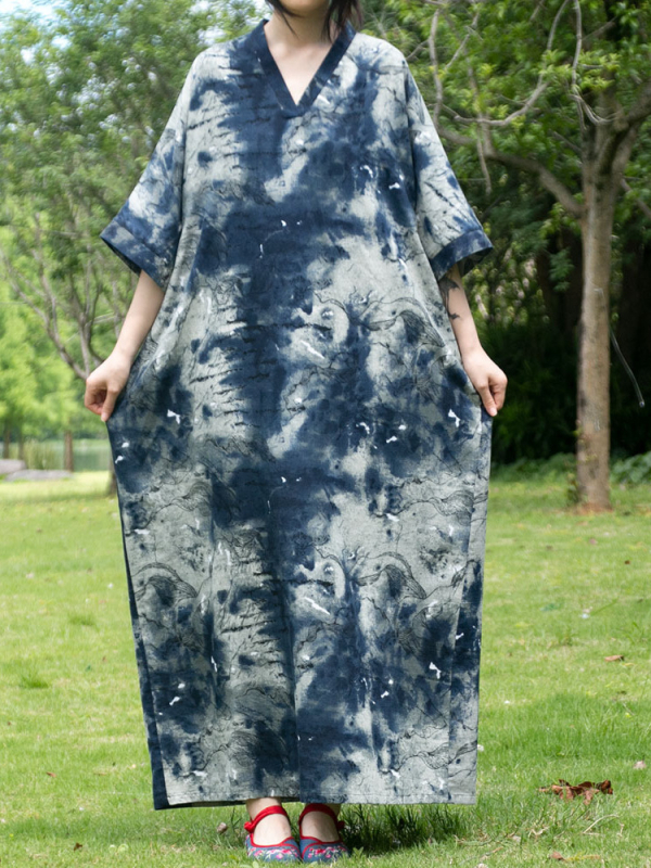 Rochie - stil etnic literar retro, decolteu în V, mâneci 3/4, rochie lungă, talie lejeră, din bumbac și in