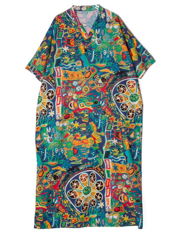 Rochie - stil etnic literar retro, decolteu în V, mâneci 3/4, rochie lungă, talie lejeră, din bumbac și in
