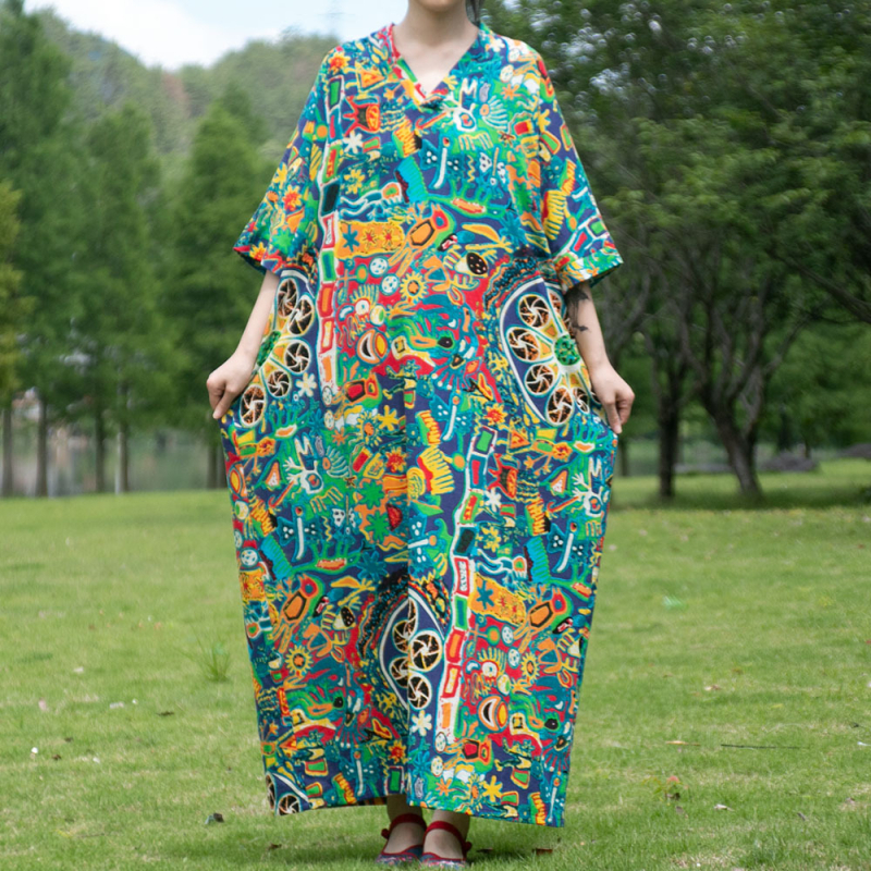 Rochie - stil etnic literar retro, decolteu în V, mâneci 3/4, rochie lungă, talie lejeră, din bumbac și in
