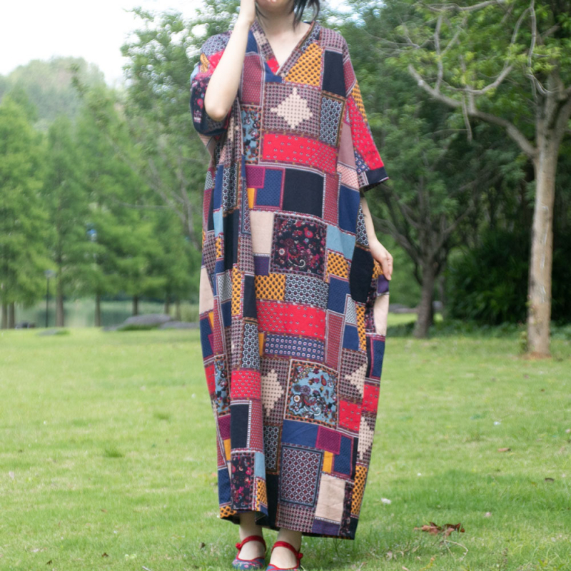 Rochie - stil etnic literar retro, decolteu în V, mâneci 3/4, rochie lungă, talie lejeră, din bumbac și in