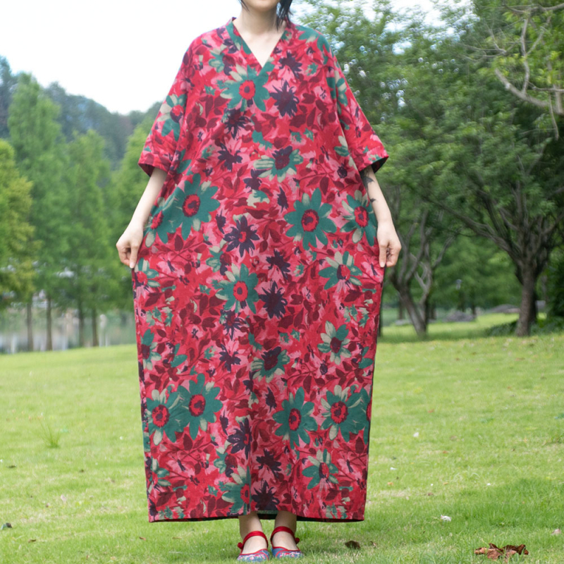 Rochie - stil etnic literar retro, decolteu în V, mâneci 3/4, rochie lungă, talie lejeră, din bumbac și in
