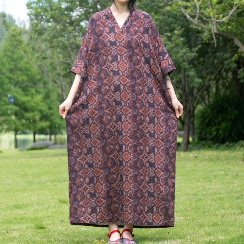 Rochie - stil etnic literar retro, decolteu în V, mâneci 3/4, rochie lungă, talie lejeră, din bumbac și in