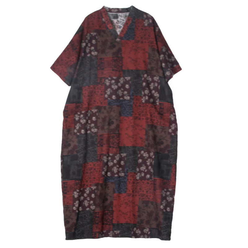 Rochie - stil etnic literar retro, decolteu în V, mâneci 3/4, rochie lungă, talie lejeră, din bumbac și in