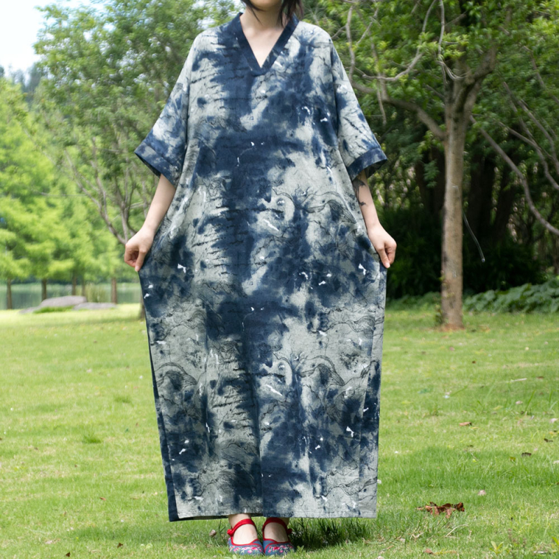 Rochie - stil etnic literar retro, decolteu în V, mâneci 3/4, rochie lungă, talie lejeră, din bumbac și in