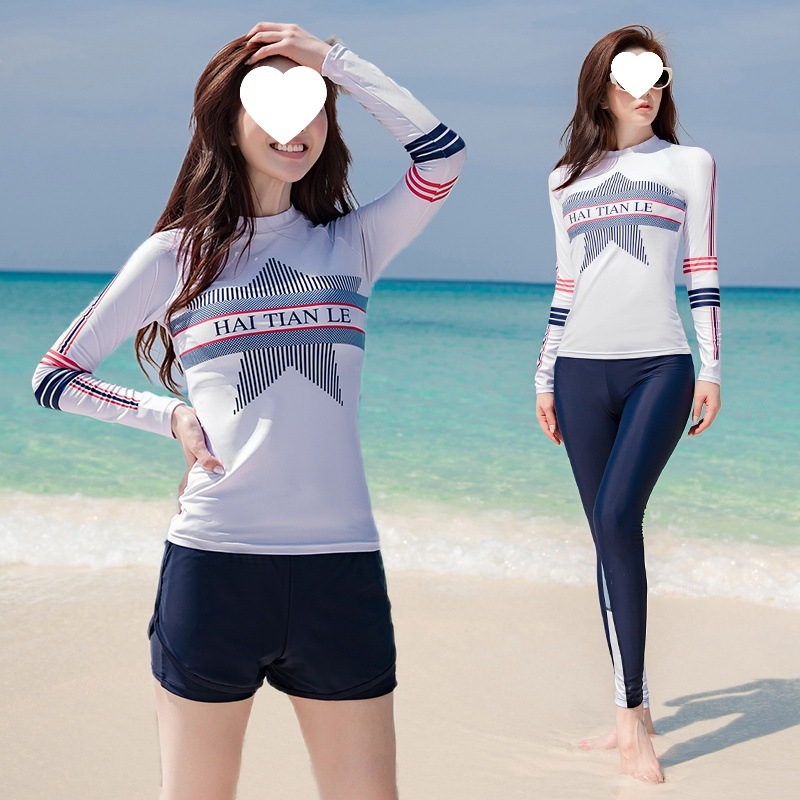 Γυναικεία στολή δύο τεμαχίων για σνόρκελινγκ με μακριά μανίκια, προστασία από τον ήλιο, γρήγορο στέγνωμα, ριγέ ύφασμα