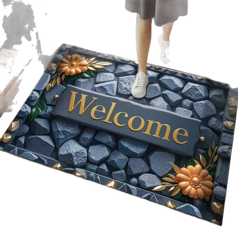 Covoraș de intrare cu model 3D în piatră, din cauciuc natural, absorbant, pentru hol și baie