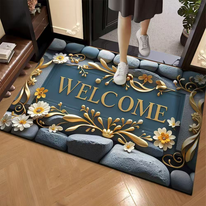 Covoraș de intrare cu model 3D în piatră, din cauciuc natural, absorbant, pentru hol și baie