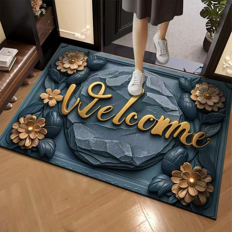 Covoraș de intrare cu model 3D în piatră, din cauciuc natural, absorbant, pentru hol și baie